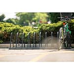 powder coated steel bike rack in a community park