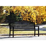 classic metal garden bench under a beautiful maple tree