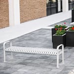 commercial outdoor metal garden and park benches in a bright and modern silver white