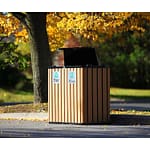 outdoor street commercial recycling bin in a beautiful fall season in a national park