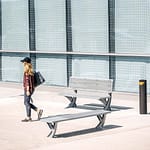 recycled plastic commercial outdoor patio benches installed in a commercial district