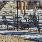 outdoor patio picnic tables with patio umbrellas are in service in a park patio area