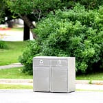 the custom 2-bin commercial recycling station made of stainless steels is in service in the park