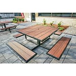 2 commercial plastic park picnic tables CAT-201N-d are custom in a red brown color