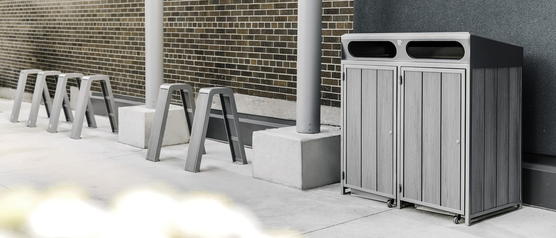 COMMERCIAL FURNITURE - OUTDOOR TRASH RECEPTACLE CRC-140 & COMMERCIAL BIKE RACK CAH-721 BANNER